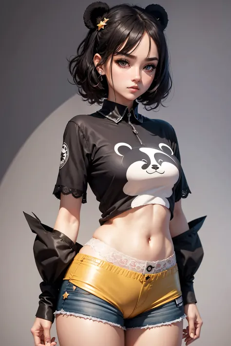 woman, s, adult, cute panda shirt, Short cotton shorts, (extremely detailed CG 8k wallpaper), (master part), (best quality), (costume), (best illustration), cowboy shot, (Sharp eyeliner, shadow, detailed eyes:1), to break, (star15escola:1.2), hair ornament...