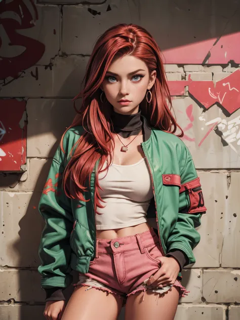 (masterpiece, best quality, 1 girl, solo, intricate details, chromatic aberration), realistic, ((medium breath)),long hair, red hair, red decoration on the head, pink highlights, amber eyes, earrings, sharp eyes, necklace, neon shirt, ripped shorts, unbutt...