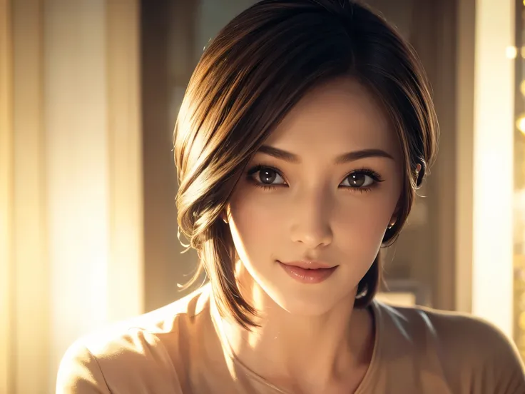 a beautiful young woman in a casual outfit, short hair, lady bikers, detailed face, alluring eyes, full lips, large bust, turtle neck t-shirt, leather jacket, outdoor date setting, soft lighting, warm colors, photorealistic, 8k, cinematic, beautiful detail...