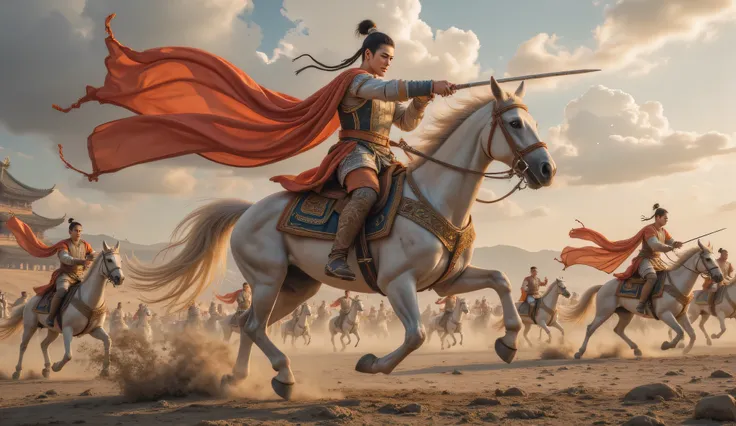 Tang Dynasty, battlefield,The man is wearing Tang Dynasty armor., Horse Rider , hold a weapon , and his eyes were full of murderous aura 。The weapon stabbed the enemy ,