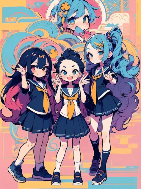 sideview,((3girls)),ランダムなcolor hair,wave long hair, forehead,(gal),grin,makeup gross eyeshadow,(JK),school uniform,(flying dash pose), popping out , knee-high black socks、 absolute domain、color々なcolorの空、 High Quality 、(manga style),(sketch),(illustration),