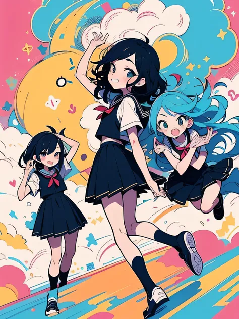 sideview,((3girls)),ランダムなcolor hair,wave long hair, forehead,(gal),grin,makeup gross eyeshadow,(JK),school uniform,(flying dash pose), popping out , knee-high black socks、 absolute domain、color々なcolorの空、 High Quality 、(manga style),(sketch),(illustration),