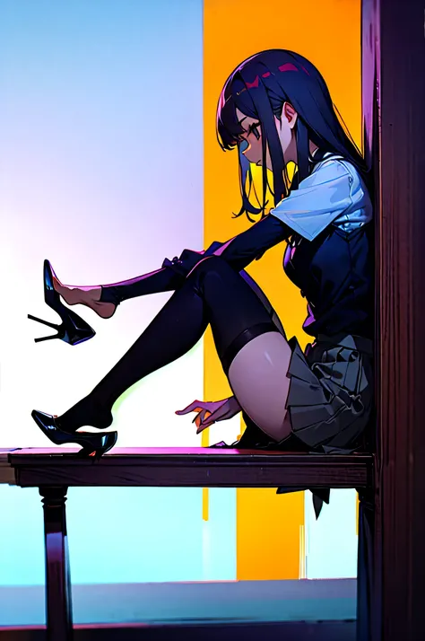 masterpiece, best quality, highres, 1girl high heels shoe dangle, thighhighs, sitting, skirt, from side
