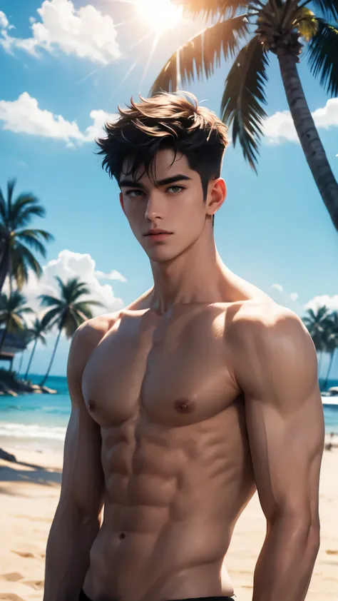  Ultra HD,1080P,4K, high resolution , male, unique ,  Handsome, Short hair,  white skin, Thin muscle,  naked body，Realism,  Light and Dark Contrast, Neck Ring,beach， sunshine, Palm Trees, Sunset