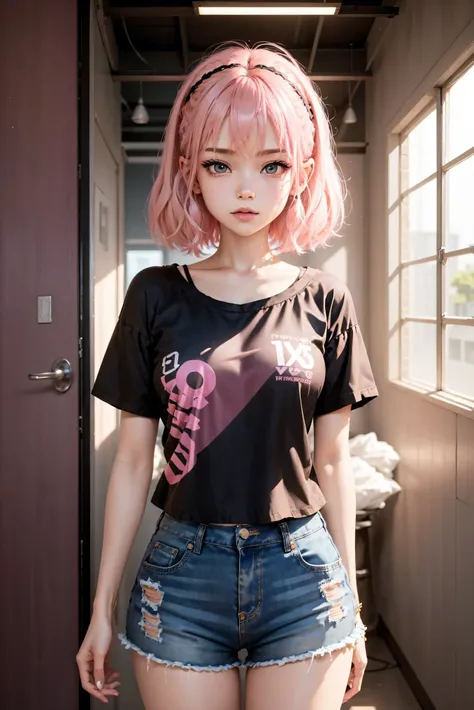 woman, 18 years, cute shirt, Short cotton shorts, (extremely detailed CG 8k wallpaper), (pink hair), (best quality), (costume), (best illustration), cowboy shot, (Sharp eyeliner, shadow, detailed eyes:1), to break, (star15escola:1.2), hair ornament,