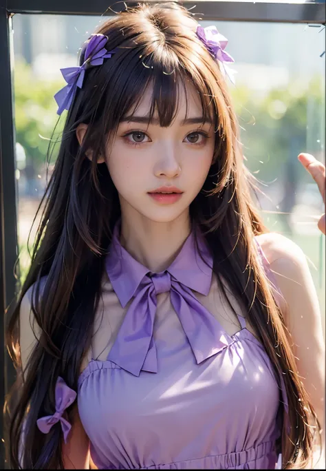   super high resolution， high res details，4k Photo Real ,((Portrait through Glass :1.4)),22 years old, 1 girl,((Long straight hairstyle using UNIQLO light purple color dress with bow:1.4)),(( face focus:1.2)),thinウエスト,thin脚,Sale Eye Makeup,thin, medium che...