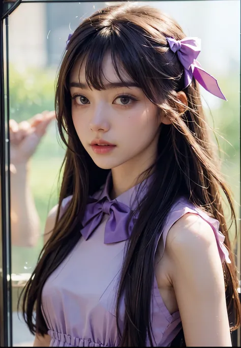   super high resolution， high res details，4k Photo Real ,((Portrait through Glass :1.4)),22 years old, 1 girl,((Long straight hairstyle using UNIQLO light purple color dress with bow:1.4)),(( face focus:1.2)),thinウエスト,thin脚,Sale Eye Makeup,thin, medium che...