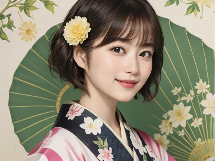 331 (20-year-old female, shorthair), ( high image quality), (smile), (kimono), ( colorful ), (Uemura Shoen Japanese Paintings), (flower), (Fractal Background)