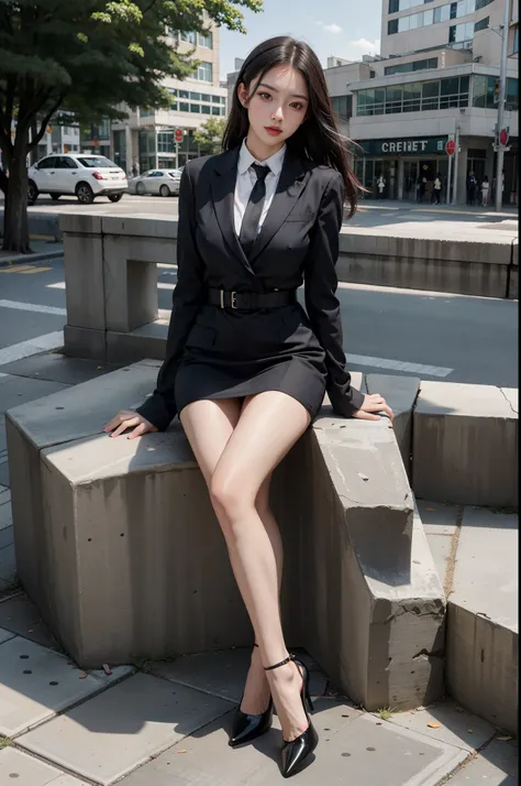  top quality, Full body portrait,  Delicate Face ,  pretty face,  25 year old female ,  slim figure, Medium chest, OL uniform, Office clothes ,  black stockings, Outdoor scenes, Seating position ,  high heels, Match , tie