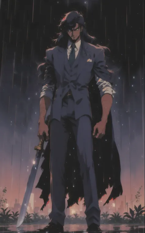 a tall Indian guy with long hair wearing formal suit and holding a sword in one left hand and gun in right hand , standing in a rain during nighttime on street setting, the scene shos right after a fight  , symbolism, retro anime, textured