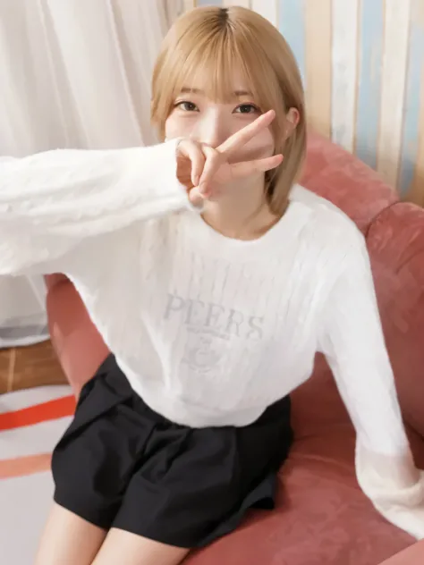 arafed woman sitting on a couch with her hands in the air, ( ivory black ), white sweater, roseanne park of blackpink, detailed image, heonhwa choe, portrait a woman like reol, cropped wide sleeve, ulzzang, reluvy5213, [ realistic photo ]!!, tzuyu from twi...