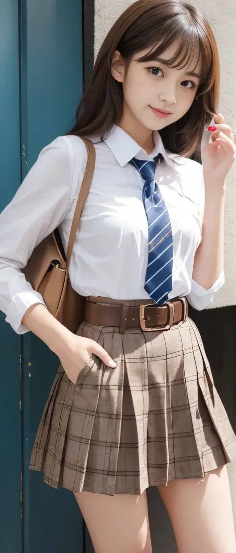 Pure idol girl、、Thick legs、、Light Brown Checkered Pleated Miniskirt、Cool Belt、pop shirt with tie（Yellow）　、Good style、A pure girl&#39;s face