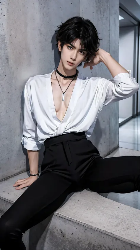  1 handsome skinny man ，Thick hair， long hair，Long bangs， Bangs cover forehead  ，thin，,Slim waist， slim thighs ，Slender, well-shaped legs， slender neck ， spread legs ， exquisite face ， The necklace is tied around the neck  ，mens tight casual wear，black hig...