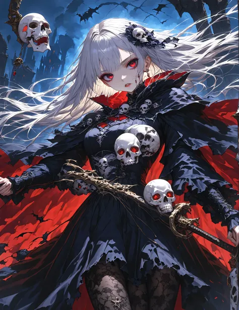    Masterpiece ,  High Quality ,  high definition , 16k, anime,  detailed background,  hyperrealistic , Digital painting, Dark fantasy, Horror,  hellish worldview ,  girl wearing a white skull mask,  Floating in the Air , Grim Reaper Costume, Torn Cape, La...