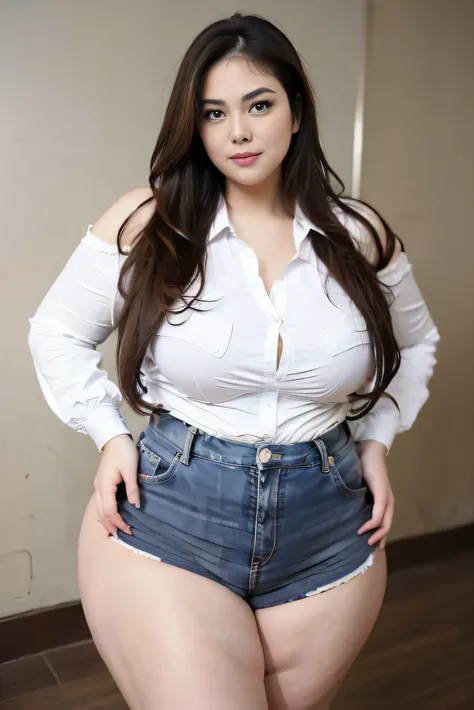 Beautiful plus size woman with large breasts, wearing tight shirt, open button shirt, dropped off-shoulders, valoptuous, seductiv pose, standing, small panties, Detailed Face, thick thighs, tall woman, 