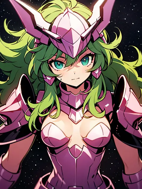 Masterpiece, highest quality, armature, realistic, shiny skin, vivid skin texture, best lighting, , dramatic lighting, dynamic pose, starry background, blue sky, space, 1 girl, balanced eyes , Andromeda Shun, pink armor, chest, , green hair, pink helmet, b...