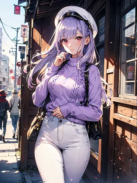 (Approaching:1.3), realistic , best quality,  super detailed, High-quality CG rendering,  THE MOST DELICATE AND BEAUTIFUL ,  high definition , ( 1 girl), ( best quality,4K,8k,masterpiece:1.2), ( light purple hair :1.5),(Pretty long hair:1.5),( red eyes:1.5...