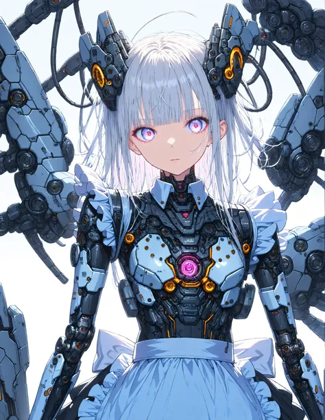 Masterpiece,Top quality,High resolution,Super definition illustration,detailed background,detailed skin,detailed face,detailed eye,front view,sci-fi,cyberpunk,1-girl,cyborg,(skinny:1.2),small chest,(expressionless:1.2 ),(maid:1.6),(maid apron:1.4), silver ...