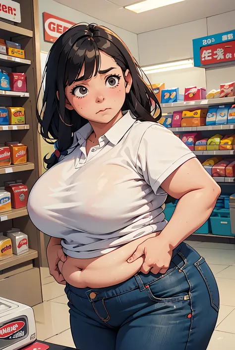 a fat woman working as convenience store clerk. adult, mature, store worker, medium breasts , chubby belly underneath her shirt. fully clothed. insecure, sad, depressed. awkward, embarrassed,
 convenience store work uniform,
