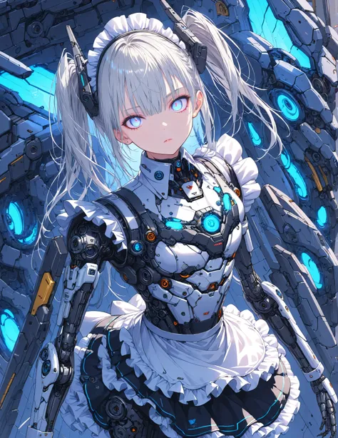 Masterpiece,Top quality,High resolution,Super definition illustration,detailed background,detailed skin,detailed face,detailed eye,sci-fi,cyberpunk,1-girl,cyborg,(skinny:1.2),small chest,(expressionless:1.2),(maid :1.6),(maid apron:1.4), silver hair, white...