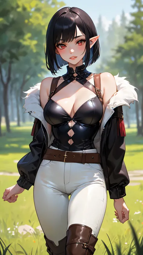 SFW (masterpiece, best quality, 32k) a teenage girl with medium black hair ((stark black hair, dark black hair, bangs, straight hair, bob, inverted bob, stylish bob)), ((pink eyes, ruby eyes, red eyes, brown eyes, bright eyes, beautiful eyes, detailed eyes...