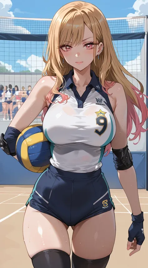 KJOmarin, blonde hair, long hair, pink eyes, earrings, ear piercing, multicolored hair, score_9, score_8_up, score_7_up, source_anime, masterpiece,best quality, large breasts, flash gyaru, sensual woman, volleyball_uniform, 1girl, solo, long_hair, knee_pad...