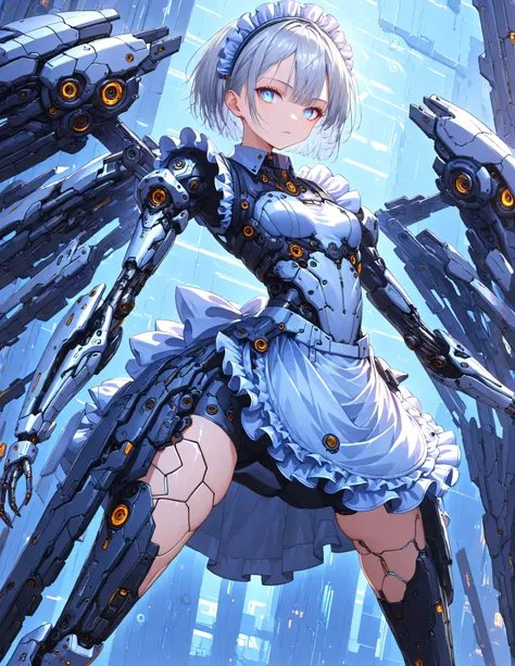 Masterpiece,Top quality,High resolution,Super definition illustration,detailed background,detailed skin,detailed face,detailed eye,sci-fi,cyberpunk,1-girl,cyborg,(skinny:1.2),small chest,(expressionless:1.2),(maid :1.6),(Maid Apron:1.4), Silver hair, White...