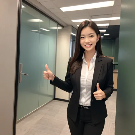 ((1 business woman 2)),wearing black jacket,wearing white shirt,wearing black trousers,office in the background,in the office,smiling,standing majestically,standing in front of the door,taking Thumb-up pose