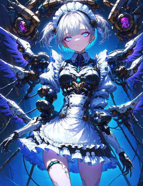 Masterpiece,Top Quality,High Resolution,Ultra-Definition Illustration,detailed background,detailed skin,detailed face,detailed eye,sci-fi,cyberpunk,1-girl,cyborg,small chest,(expressionless:1.2),(maid:1.6),(maid Apron:1.4), Silver hair, White eyes, Partial...