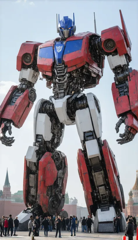  A massive Transformer designed in the colors of the Russian flag (white, blue, red), towering over the Kremlin in the background. The Transformer appears majestic and powerful, with intricate mechanical details. Below, tiny human figures are gathered, emp...