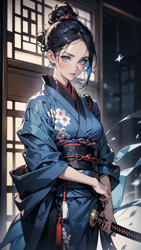 “A composed and intelligent female samurai, wearing a sleek, dark blue kimono with delicate silver accents. Her posture is upright, exuding confidence and precision. She holds a slim, straight katana at her side, her hand resting calmly on its hilt. Her ha...