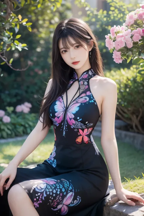 
(realstic style:1.1),(best quality),4k,a woman,beautiful,Extremely detailed,hires,(Fractal Art:1.5),(Dreamy Atmosphere),((colorful butterfly) pattern),one-piece dress,long skirt,sitting,one-piece,beautiful background,landscape,black hair



