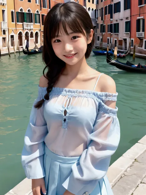 Japanese elementary school girl  boy face smile see-through off-shoulder shirt Venice trip