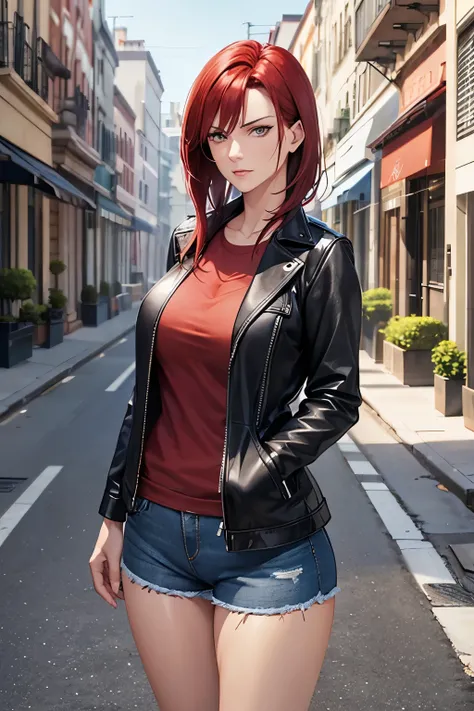 Mature woman, medium-length red hair, grey eyes, 4k resolution, high quality cg, beautiful cg, wearing tight denim shorts and a black fall jacket, standing outside on a street in daytime with a serious, determined, focused expression on her face.