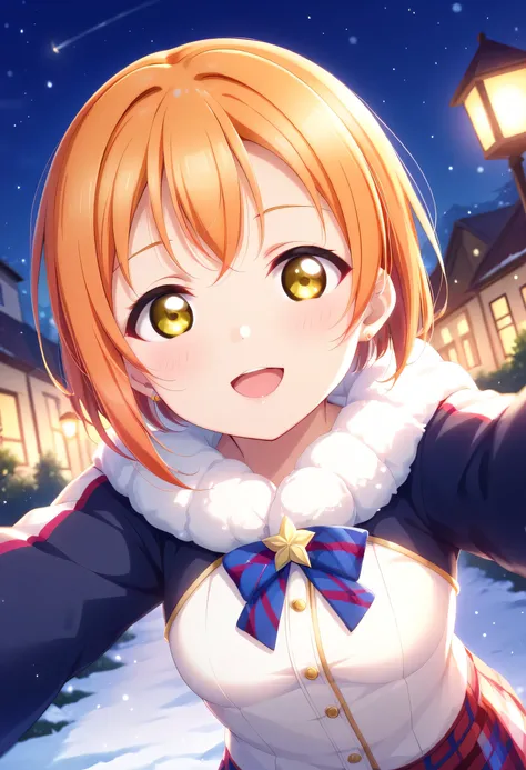 {{{masterpiece}}}, {{{best quality}}}, {{ultra-detailed}}, {illustration}, {{an extremely delicate and beautiful}}, orange hair Rin Hoshizora Love Live 星空 凛、 orange hair、 bob cut、Yellow Eyes、20old、small Average breasts、adult-like sexy winter clothes/ snow、...