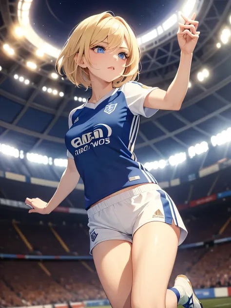 (​masterpiece),(top-quality:1.2), 1 woman,(Masseter muscle area:1.3), Exquisite Details , Highest quality 8K resolution,  ultra detail,  realistic ,  vibrant colors,  full shot , ( very small breasts), (Very slim body), ( White Soccer Jersey ), (blue short...