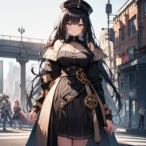 ( one girl:1.2), (Long black hair:1.2), ( dark eyes:1.2), (Whitening:1.2), 
( height 148 cm:1.2), (Bust 80 cm :1.2), ( waist 56 cm:1.2), (Hips 56 cm :1.2), 
(human:1.2), (:1.2), 
smile, 
( Detailed Steampunk Dress :1.3), 
There are two robots standing in t...