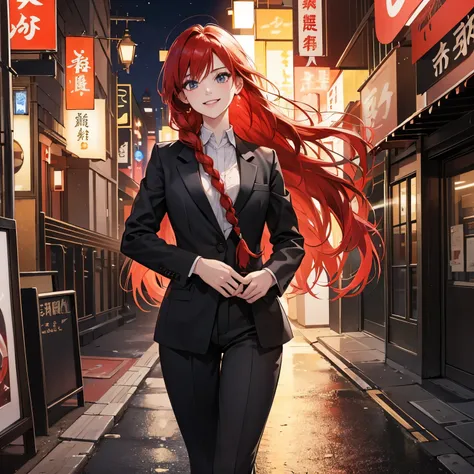 Best Images,  cool woman ,  Bright Red Hair ,Shine青い大きな目, Large percentage,   professional lighting,anime, glitter、 Beautiful style 、 braid long hair、night、Shine、 black suit、 white shirt、On the way home、Ginza、walk、The posture is beautiful、 smiles、smile、