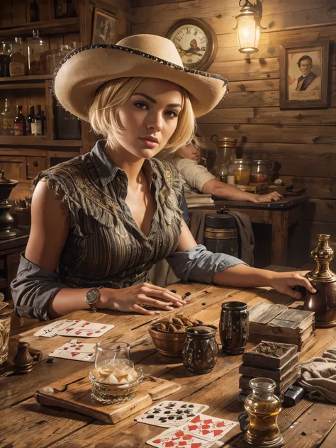 Short Haired Female Cowboy in a Saloon in the Old West,Blonde,Sitting,Smoking Pipe,Table Wisky,Piano,6 Bullet Revolver,Barrel,Table,Playing Cards,Dust,Artwork,3D,4K,Detailed,Realistic,  charley.atwell 