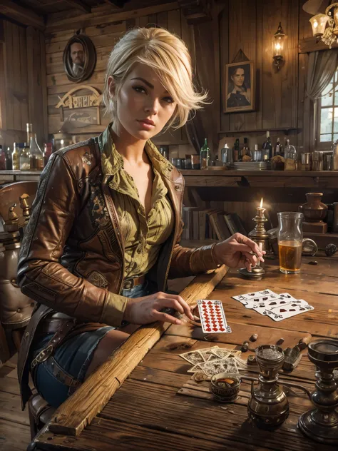 Short Haired Female Cowboy in a Saloon in the Old West,Blonde,Sitting,Smoking Pipe,Table Wisky,Piano,6 Bullet Revolver,Barrel,Table,Playing Cards,Dust,Artwork,3D,4K,Detailed,Realistic,  charley.atwell 