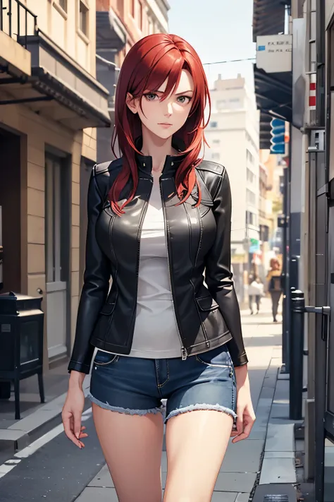 Mature woman, medium-length red hair, grey eyes, 4k resolution, high quality cg, beautiful cg, wearing tight denim shorts and a black fall jacket, standing outside on a street in daytime with a serious, determined, focused expression on her face.