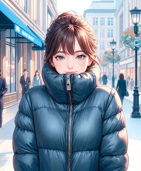 1lady solo, (strolling through city), (stylish outfit) (down jacket) (zipped up to neck), (mature female:0.7), /(reddish-brown hair/) bangs, kind smile, (masterpiece best quality:1.2) delicate illustration ultra-detailed, large breasts, (holding casual bag...