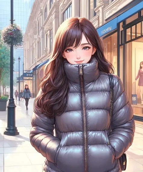 1lady solo, (strolling through city), (stylish outfit) (down jacket) (zipped up to neck), (mature female:0.7), /(reddish-brown hair/) bangs, kind smile, (masterpiece best quality:1.2) delicate illustration ultra-detailed, large breasts, (holding casual bag...