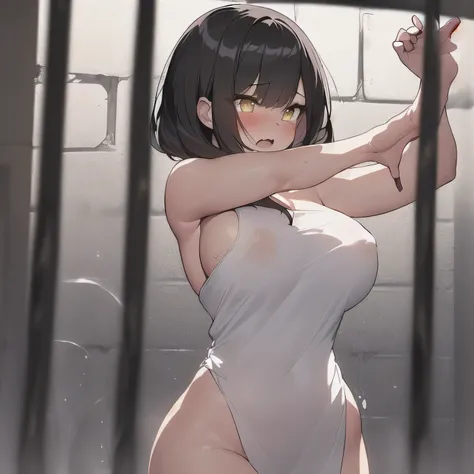 beautiful (( one completely naked anime-style girl surrounded by police)),Perfect hands  (( natural short bob)),  black hair, Yellow eyes, Big Breasts, (((((The girl is naked))))), (( Sexy Poses )), (( embarrassing,  Bransing, Open the teary ,  desperately...