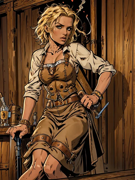 Short Haired Female Cowboy in a Saloon in the Old West,Blonde,Sitting,Smoking Pipe,Table Wisky,Piano,6 Bullet Revolver,Barrel,Table,Playing Cards,Dust,Artwork,3D,4K,Detailed,Realistic, frankie.babe