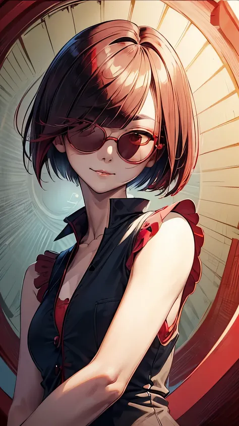 A 30 years old active Japanese lady((very slender body, small breast:1.5)), ((medium bob))((red colored very short hair:1.7))((much of shaggy bangs:1.5)),((jet-black collared shirt))(( black casual vest:1.5)),((round framed sunglasses with polarized deep r...