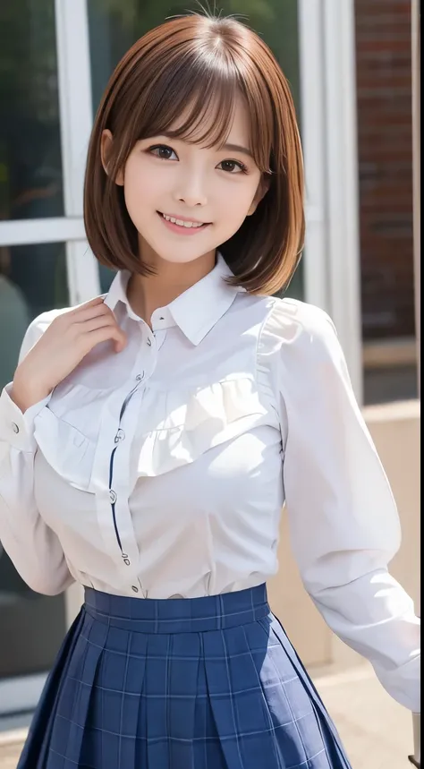 .................,, In front of school、 skirt 、Long-sleeved white shirt with ruffles on the chest、格子柄 skirt、On, , sakimichan,, cute and cute, , nice smile, sakimichan hdri、Lori、 boobs、Beautiful breasts 、,(Big Breasts:1.20),(:1)、 brown hair、 brown hai...