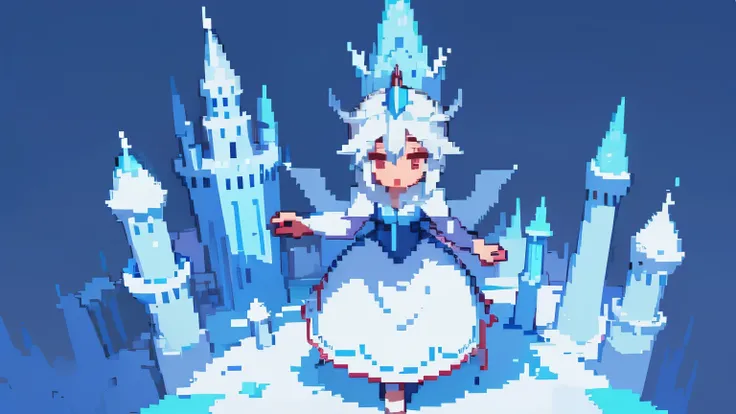 (Ice Kingdom),  (pixel art image)、(The Snow Queen)、Draw a castle in the background、