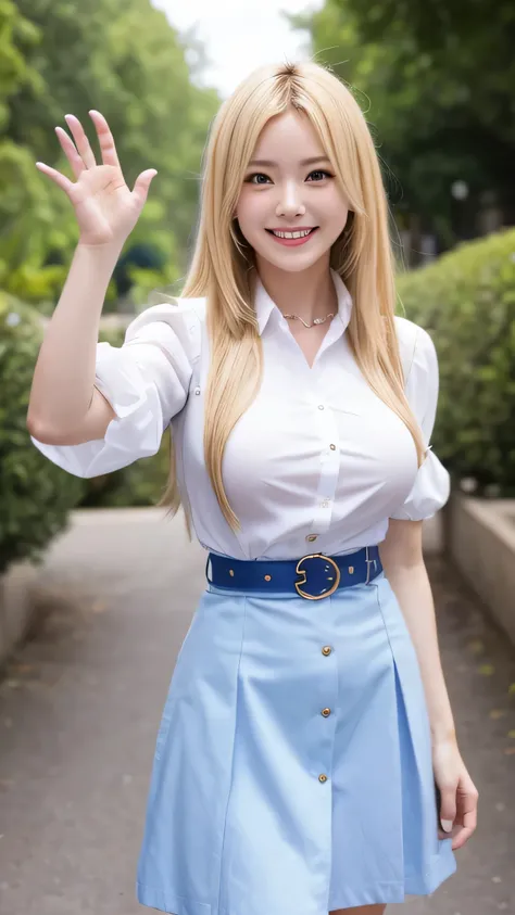 1girl, master part, best quality, Altas, Lucy Heartfilia, blonde hair,  long hair,  Big breasts , white shirt, Sleeves, belt, blue skirt, cowboy shot, Standing, Looking at the Viewer,  outdoor, waving, to smile,  Open mouth,
