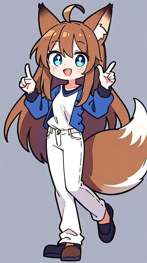  1 girl ,  long hair,  smiles,  blue eyes, Brown Hair,Ahoge,  animal ears ,  fox ear,tail, white shirt,jeans,whole body,Pointing far away